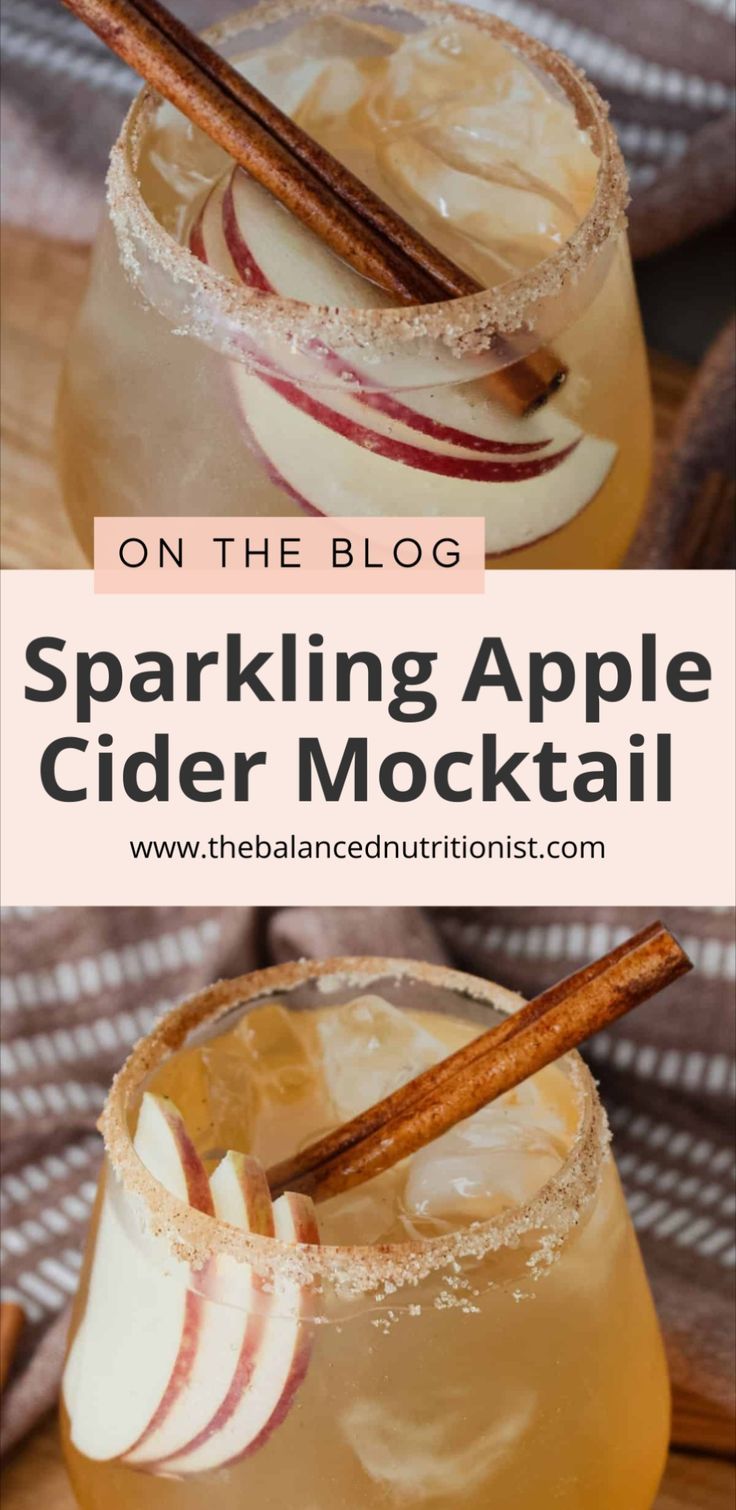 an apple cider cocktail with cinnamon sticks in it and the title on the blog sparkling apple cider cocktail