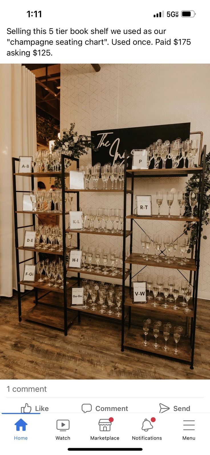 a shelf with wine glasses on it in front of a sign that reads, selling this book shelf we used as our champagne seating chart