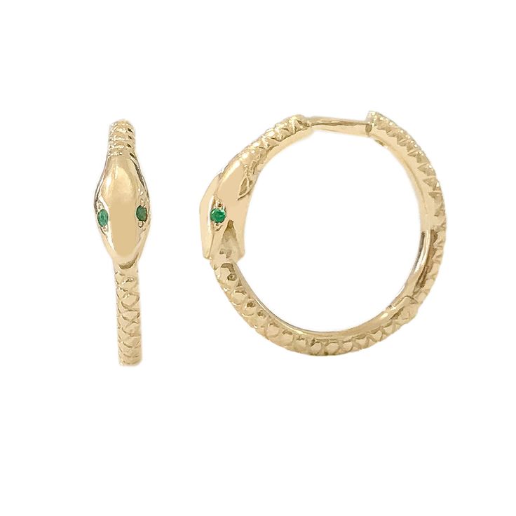 "This finely handcrafted huggie hoop dangle earring is composed of 14K solid gold and accented with your choice of genuine AAA quality round brilliant cut natural real Emeralds or GVs1 quality round brilliant cut natural real Diamonds in the snake's eyes. This earring also features a secure hinged closure for the ease of taking them on and off. ♦ Hoop Dimensions: - outer diameter approximately 17.5mm - inner diameter approximately 14mm - hoop width 1.75mm - post thickness 0.95mm - inner post len 14k Gold Huggie Hoop Earrings With Spring Ring Clasp, Tarnish Resistant 14k Gold Huggie Hoop Earrings, 14k Gold Tarnish Resistant Huggie Hoop Earrings, 14k Gold Huggie Hoop Earrings Tarnish Resistant, 14k Gold Hallmarked Huggie Jewelry, 14k Gold Huggie Hoop Earrings, Fine Jewelry Small Hoop Huggie Earrings, 14k Gold Hoop Huggie Earrings Fine Jewelry, 14k Gold Hoop Huggie Earrings In Fine Jewelry Style