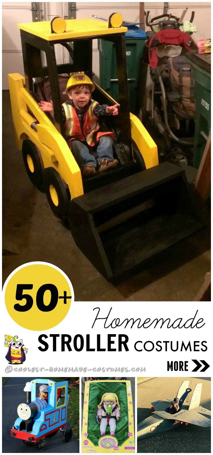 the cover of 50 homemade stroller costumes for kids with pictures of vehicles and people in them