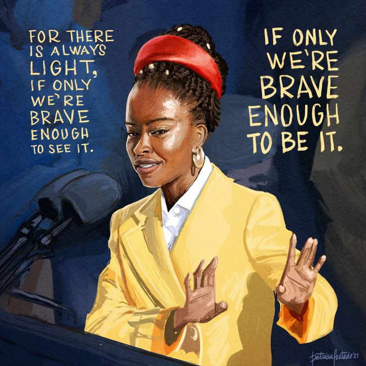 a painting of a woman with her hands up in front of a microphone and the words if there is always light, if only we're brave enough to be it