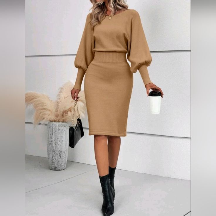 Ew Chic High Waist Lantern Sleeve Knit Sweater Dress * Long Bishop Sleeve * Round Neckline * Dolman/ Batwing * Bodycon Stretch Pencil Skirt * Ribbed Waist * Ribbed Knit Detail *Approximate Unstretched Measurements* Xs (2) * Bust 34" * Waist 20.5"(Up To 26") * Hip 30"(Up To 35.75") * Length 39.5" Small (4) * Bust 35.5" * Waist 22"(Up To 27.5") * Hip 31.5"(Up To 37.5") * Length 40" Medium (6) * Bust 37" * Waist 23.5"(Up To 29") * Hip 33"(Up To 39") * Length 40.75" Large (8/10) * Bust 39.5" * Waist Sweater Dress Long, Batwing Sleeve Sweater, Lantern Sleeve Sweater, Stretch Pencil Skirt, Dresses Casual Winter, Long Sweater Dress, New Chic, Bishop Sleeve, Ribbed Knit Sweater