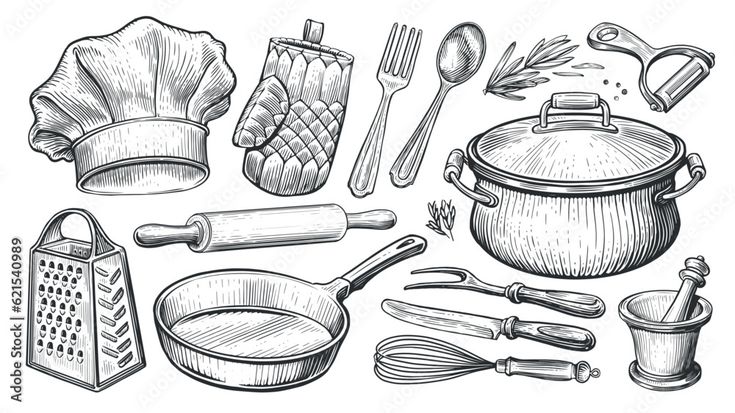 a set of kitchen utensils and cooking implements, hand drawn in black ink