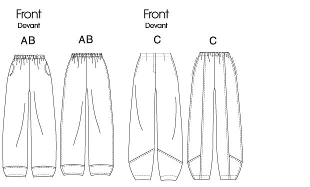 three different types of pants, one with the front and side slits on it