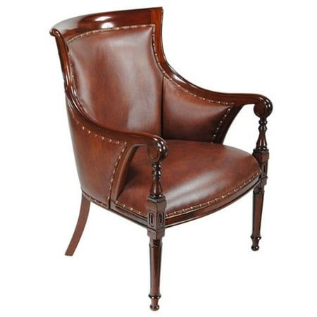 a brown leather chair sitting on top of a white floor next to a wooden frame