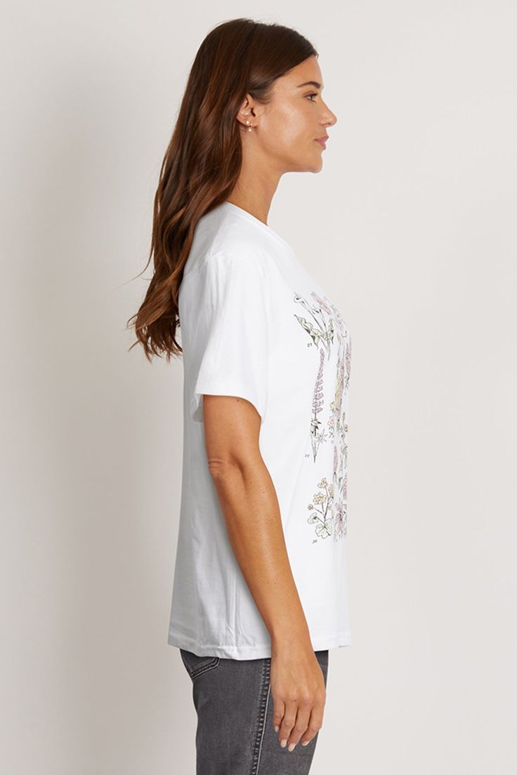 Flower obsessed? You'll love the botanical-inspired illustrations on the Flower Study Organic Tee. The throwback graphics you loved are back, this time on a classic white tee crafted from organic combed cotton. Yup – cute, eco-conscious, and ohhh-so-comfy. Made from 100% certified-organic cotton, grown naturally, produced with the Earth in mind, and ring-spun for extra softness and durability. Because this item is custom-made to order, it is not available for Express Shipping and can only be exc White Botanical Screen Print Tops, White Botanical Crew Neck Top, White Botanical Graphic Print T-shirt, Eco Conscious, How To Clean Iron, Classic White, Combed Cotton, Size Chart, Organic Cotton