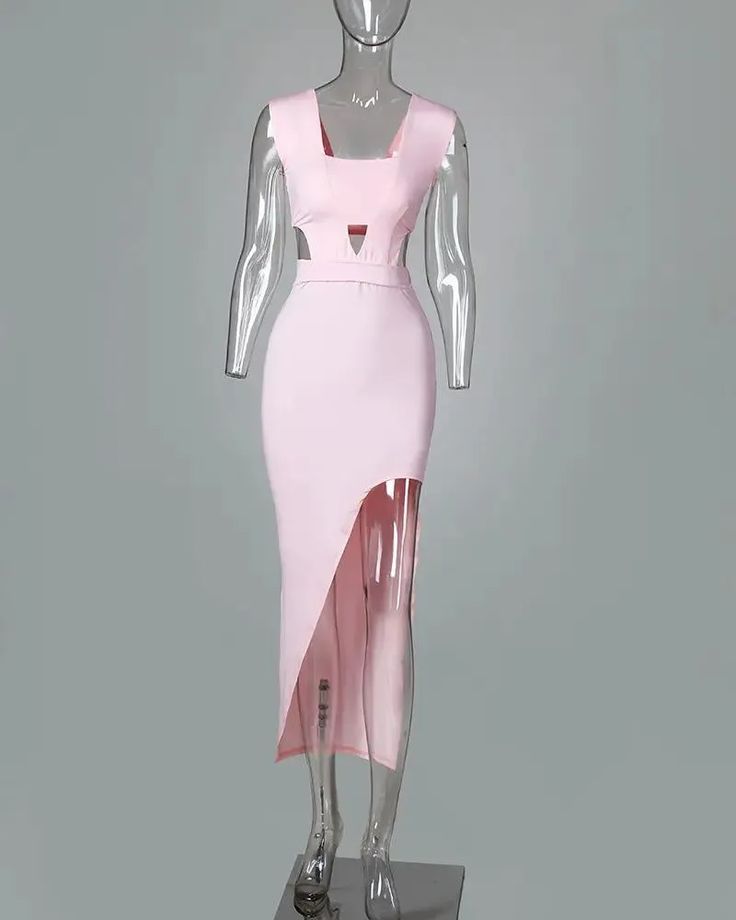 Olivia Mark - Irregular Split Waist Evening Dress Asymmetrical Cutout Bodycon Dress For Spring, Spring Asymmetrical Cutout Bodycon Dress, Pink Asymmetrical Bodycon Dress For Spring, Fitted Asymmetrical Midi Dress With Cutout, Spring Bodycon Dress With Split Design, Asymmetrical Bodycon Cutout Dress, Asymmetrical Cutout Maxi Dress For Summer, Spring Asymmetrical Cutout Midi Dress, Pink Asymmetrical Hem Midi Dress For Date Night