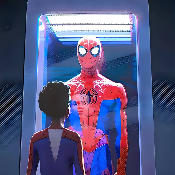 two people are standing in front of a spider man poster with the woman looking at him