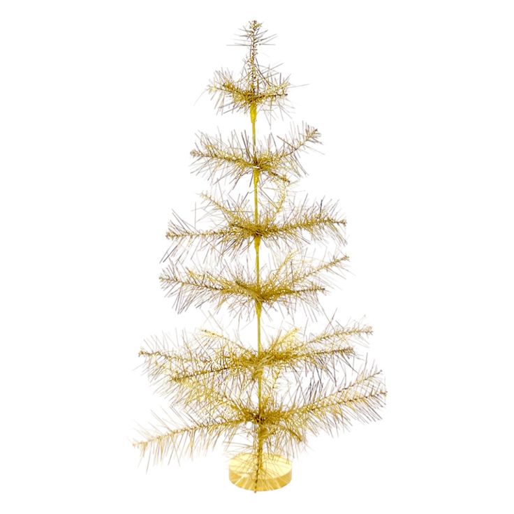 Retro Shaggy Gold Mylar 29 Tabletop Tree Santa Snow Globe, Candy Cane Candle, Star Sign Art, Gingerbread Candle, Bottlebrush Trees, Lighted Tree Topper, Rainbow Ornaments, Tree Display, Tinsel Tree