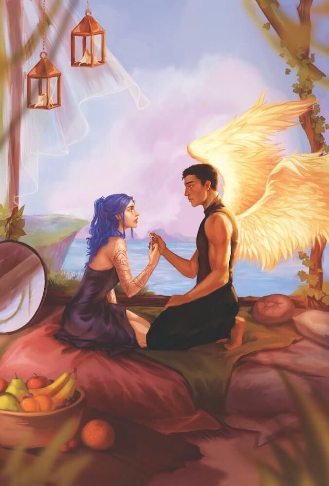 a man and woman sitting next to each other in front of an angel's wings