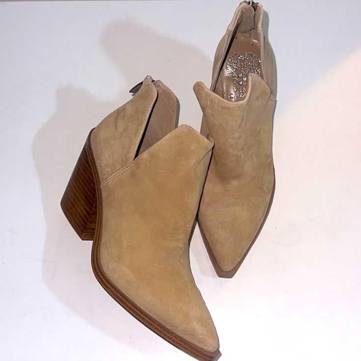 Brand New. Ankle-high Suede Heels With Stacked Heel, Chic Ankle-high Heels With Heel Pull Tab, Casual Heels With Heel Tab For Fall, Beige Suede Booties With Stacked Heel, Beige Pointed Toe Booties With Stacked Heel, Beige Booties With Stacked Heel And Pointed Toe, Beige Ankle-high Booties With Stacked Heel, Beige Stacked Heel Ankle-high Booties, Brown Ankle-high Heels With Heel Pull Tab