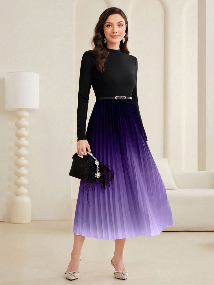 Elevate your style with Ethereal Elegance: Women's Gradient Pleated Dress. This dress combines a gradient design with pleated details for a stunning and unique look. Perfect for any occasion, this dress will make you stand out while providing comfort with its lightweight and flowy material. Color : Mauve Purple Style : Elegant Pattern Type : Ombre Sleeve Length : Long Sleeve Details : Pleated Neckline : Stand Collar Type : A Line Sleeve Type : Regular Sleeve Waist Line : High Waist Hem Shaped : Ombre Midi Party Dress, Elegant Ombre Midi Dresses, Fitted Ombre Midi Dress, Elegant Gradient Color Party Dress, Elegant Ombre Dresses For Spring, Formal Fitted Ombre Dress, Pleated Neckline, Purple Style, Mauve Purple