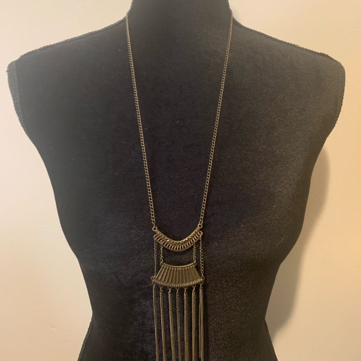 Women’s Long Brass Fringe Necklace Includes One Pair Of Matching Earring Adjustable Clasp Closure Gunmetal Jewelry With Adjustable Chain For Party, Party Jewelry With Adjustable Chain In Gunmetal, Party Jewelry With Adjustable Gunmetal Chain, Metal Long Dangle Necklace With Chain, Black Metal Long Necklace As A Gift, Black Metal Long Necklace For Gift, Black Metal Dangle Necklaces, Black Metal Dangle Necklace, Black Metal Long Chain Necklace