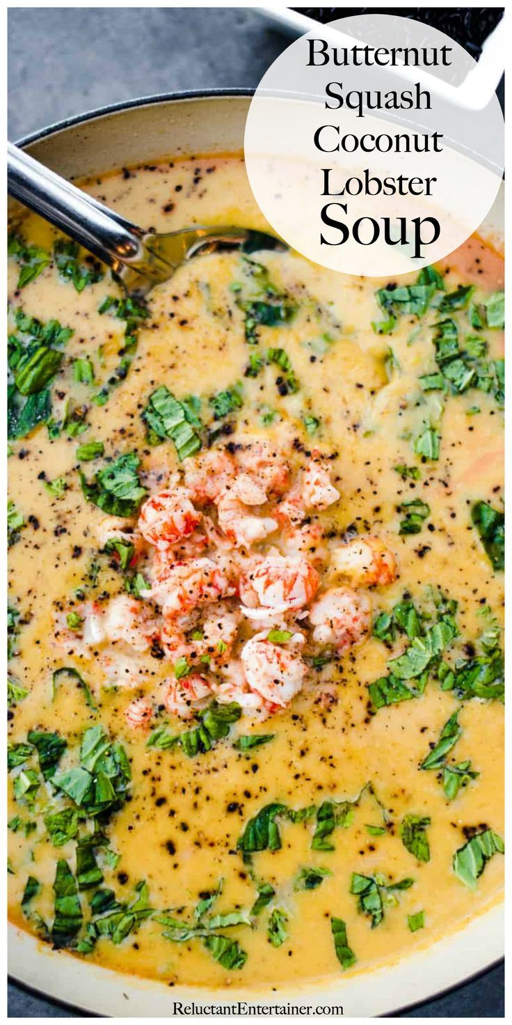 butternut squash coconut lobster soup in a white bowl