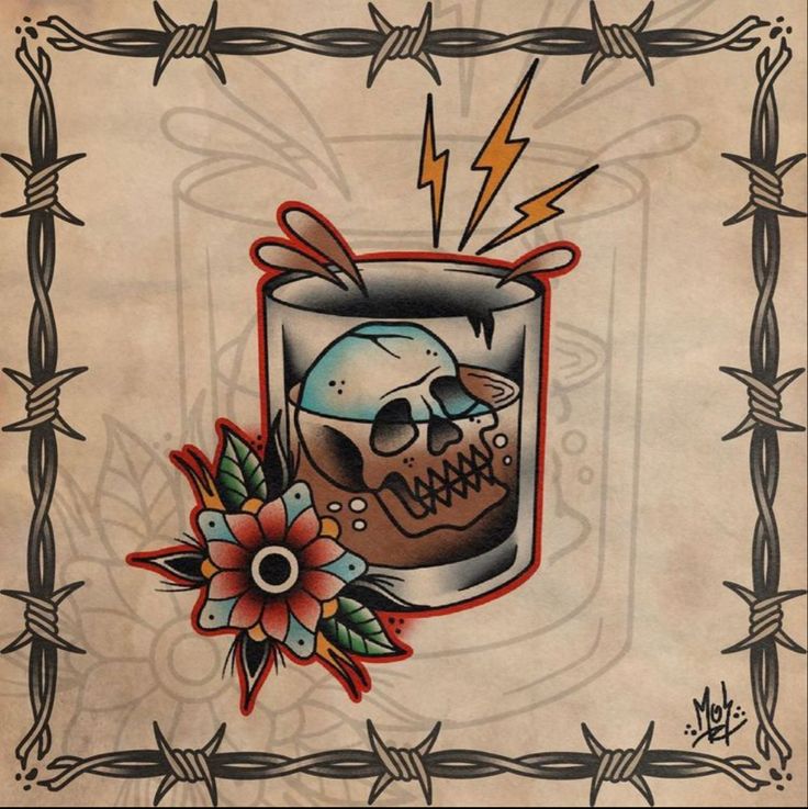 a drawing of a skull in a jar with lightning bolts coming out of the top