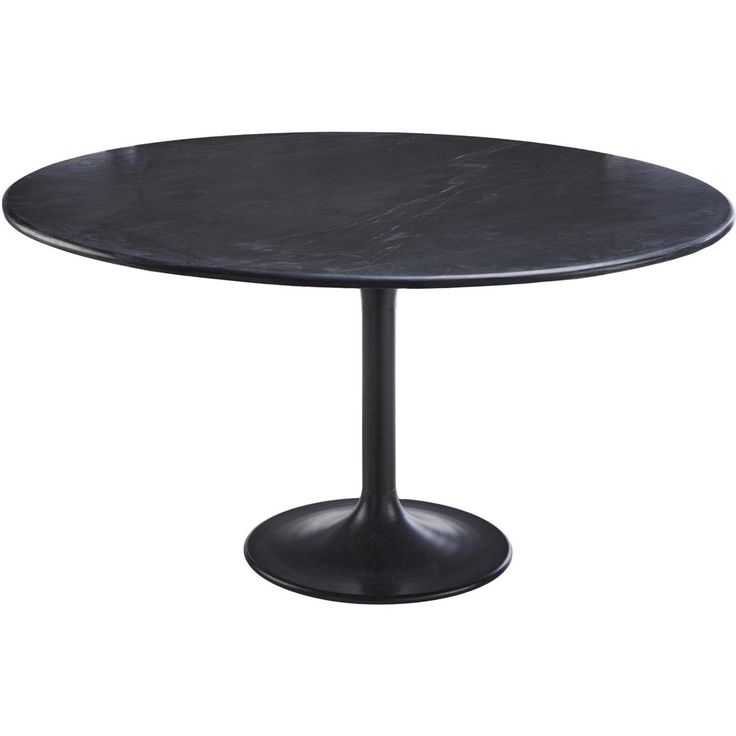 an oval table with black marble top and metal base, against a white background or backdrop