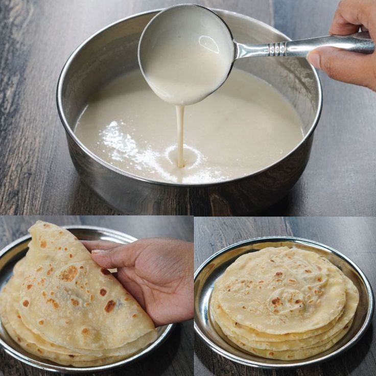 the process of making tortilla bread is shown in three different stages, including being poured with milk