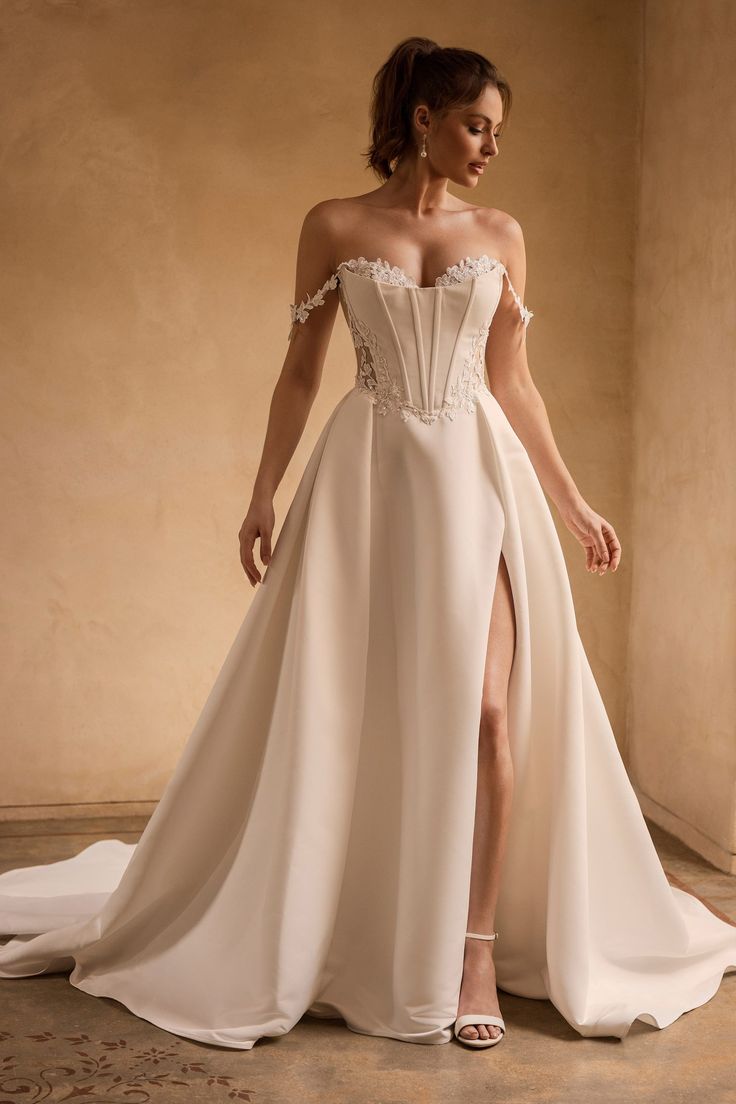 Sophia Tolli Wedding Dress 0 / Ivory Sophia Tolli: Y3171 - Rue Sophia Tolli Wedding Dresses, Satin Ballgown, Wedding Dress Crafts, Sophia Tolli, Ball Gown Skirt, Princess Wedding Dress, Dream Wedding Ideas Dresses, Lace Straps, Satin Wedding Dress