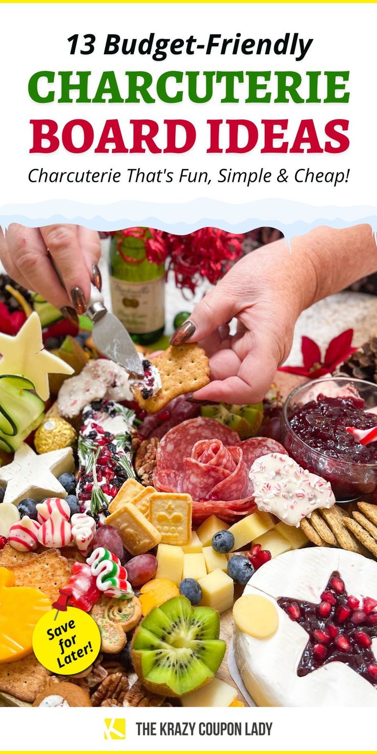 a person cutting up food on top of a table with the title, 13 budget - friendly charcuterie board ideas