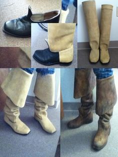 several images of different types of shoes and boots with their feet on the ground, one in