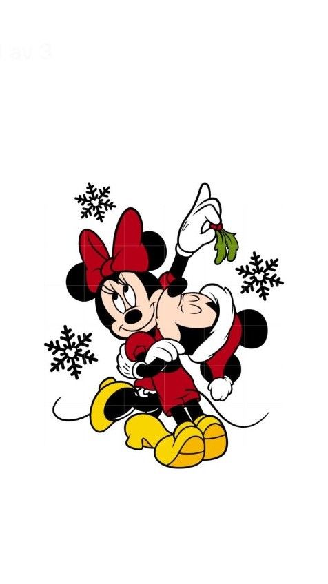 mickey and minnie mouse with snowflakes on the ground in front of white background