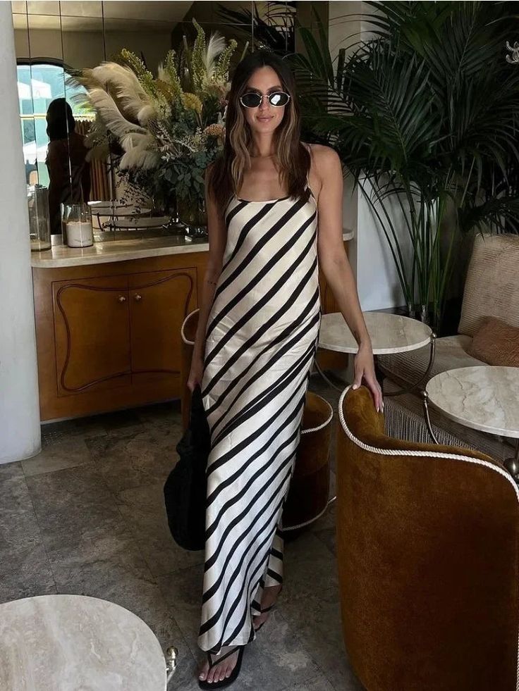 Unleash your wild side in the Just Your Stripe Backless Maxi Dress by Bella Chix. This cami long dress is perfect for a carefree and playful look. Show off your back with a stylish twist for a fun and flirty outfit. Let your stripes shine and steal the show! Product Specifications Elasticity: High Stretch Pattern Type: Striped Silhouette: A-Line Neckline: O-Neck Decoration: Backless Length: Ankle-Length Material: Polyester Closure Type: Pullover Sleeve Length: Sleeveless Size Chart (in cm) Size Elegant Dresses Evening, Flirty Outfits, Backless Maxi Dress, Hip Skirt, Backless Maxi Dresses, Striped Maxi, Summer Party Dress, Women Long Dresses, Sleeveless Maxi Dress