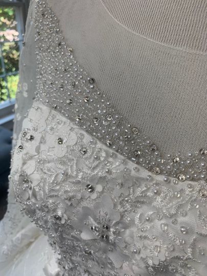 the back of a wedding dress with beading on it