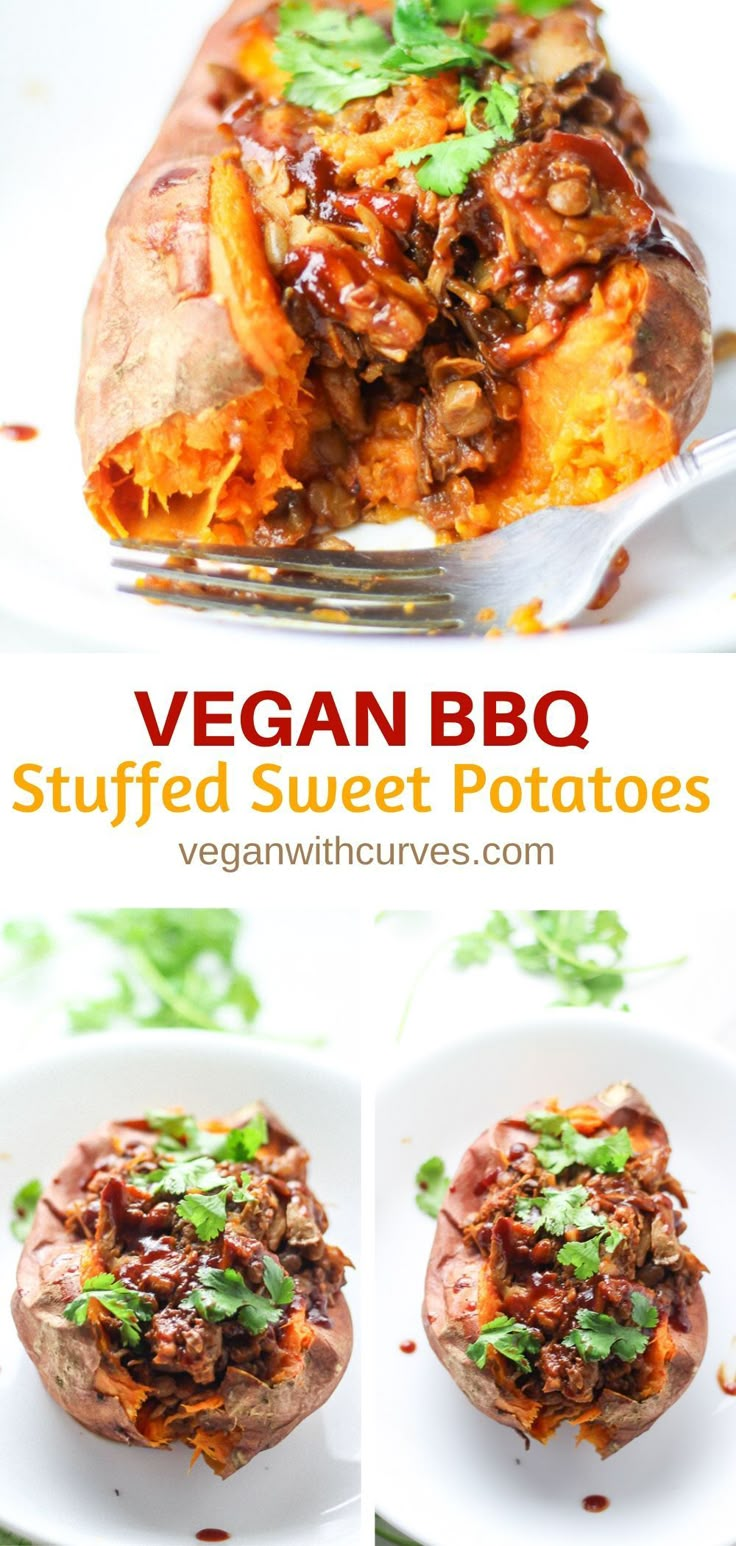 the steps to make stuffed sweet potatoes with meat and vegetables are shown in three different pictures