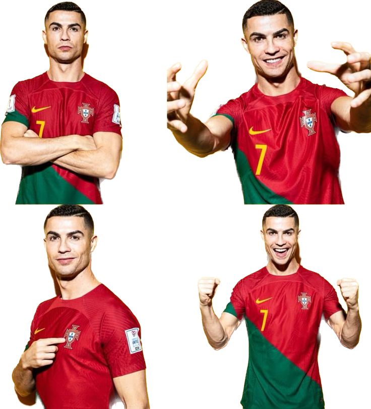 four different pictures of a man in portugal's national soccer team uniform giving the peace sign