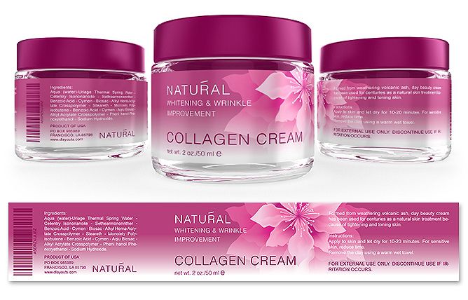 three jars of collagen cream with pink flowers on the front and bottom, sitting next to each other