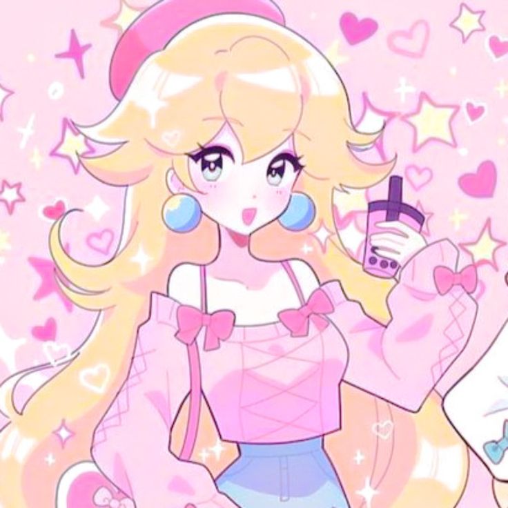 a cartoon girl with blonde hair holding a cell phone and looking at the camera while standing in front of a pink background