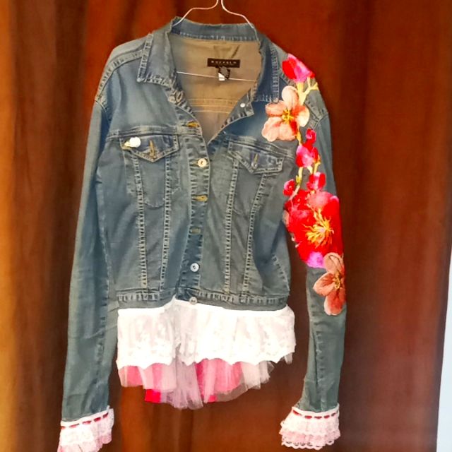 Beautiful Ladies Jean Jacket, One Of A Kind, Embellished With Care, Lace, Appliques, Ribbon. Truly Beautiful Piece And One Of A Kind, Done In Pinks, Nwot Measurements Across Shoulders 16"-17" Neck To Bottom Of Jacket 19 1/2" Nect To Bottom Of Lace 24" Fitted Pink Outerwear With Floral Embroidery, Fitted Pink Denim Jacket For Spring, Fitted Pink Embellished Outerwear, Pink Embellished Long Sleeve Outerwear, Pink Embellished Fitted Outerwear, Pink Embellished Spring Outerwear, Bohemian Embellished Outerwear For Spring, Bohemian Embellished Spring Outerwear, Fitted Pink Denim Jacket With Long Sleeves