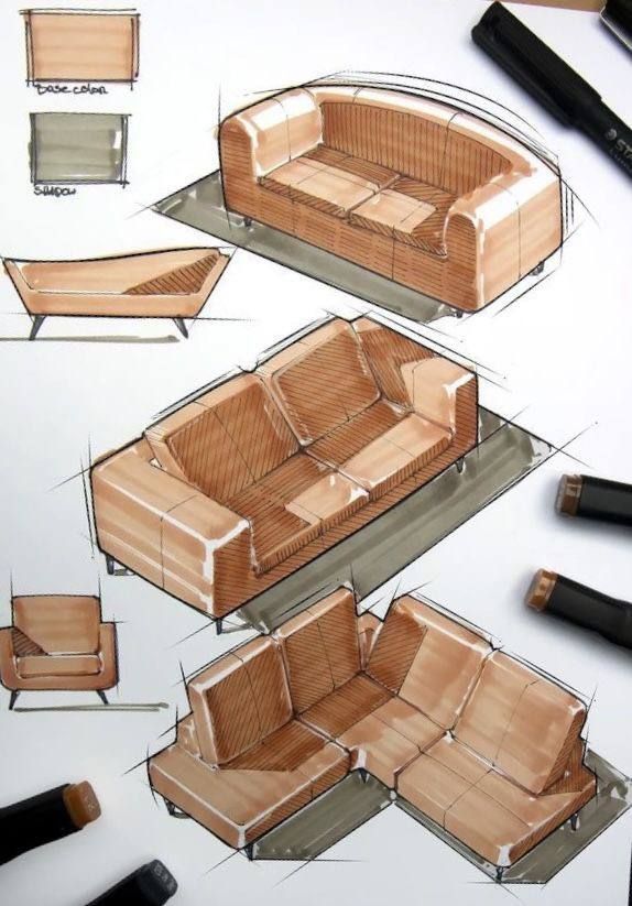 an image of a drawing of furniture with pencils and markers on the table next to it