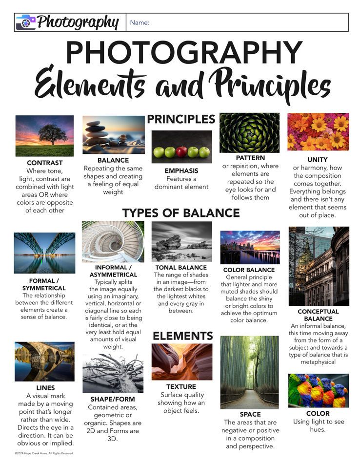 a poster with some pictures and words on it that says photography elements and principless