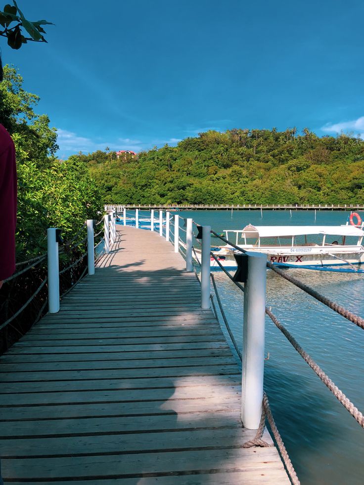 a boat is docked at the end of a dock near some trees and water with a person standing on it