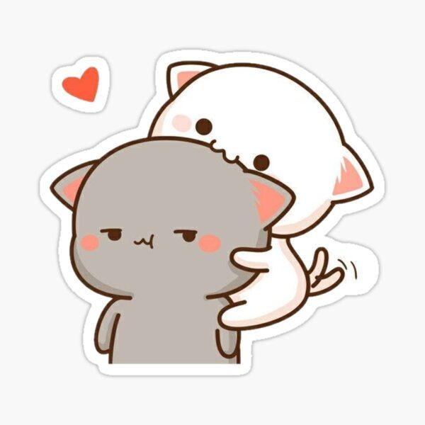 a sticker with an image of two cats hugging each other, one is grey and the other is white