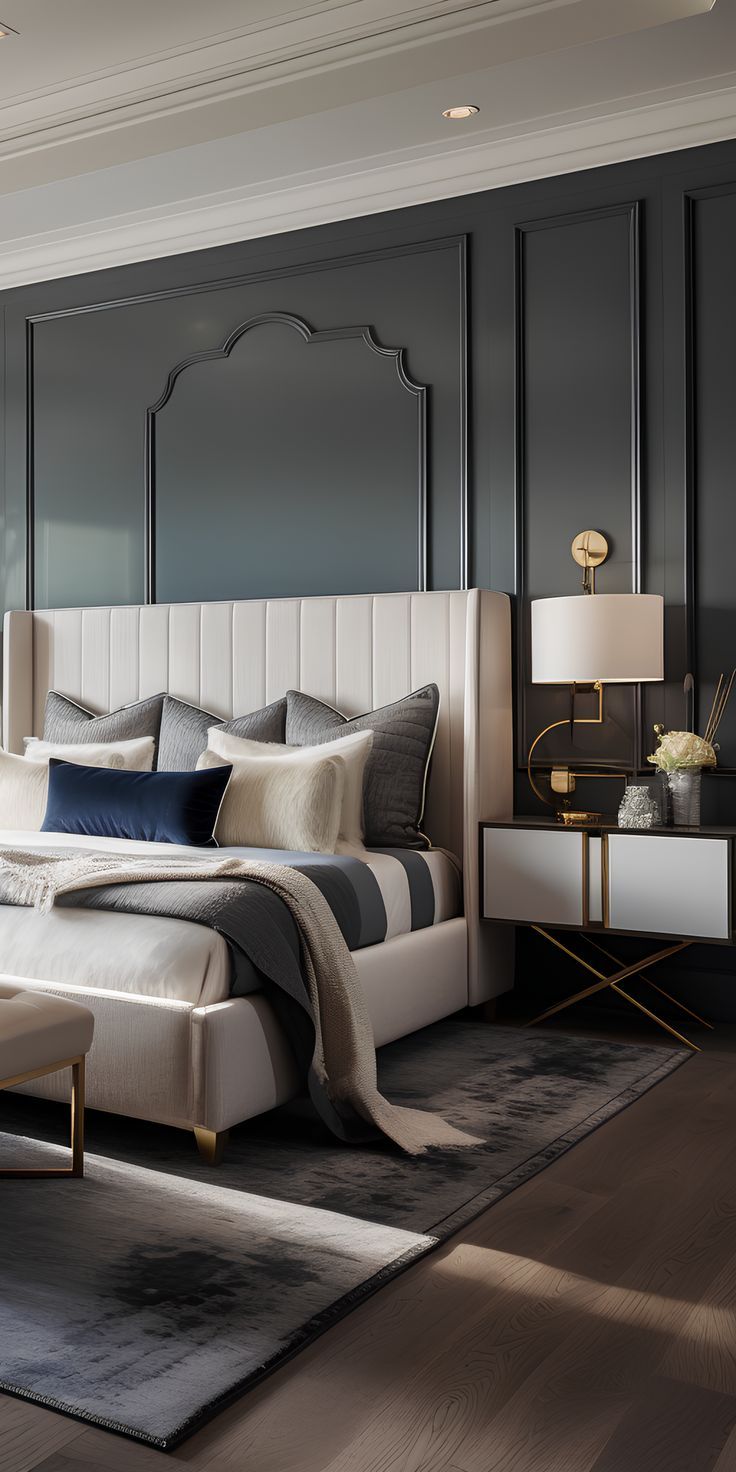 a bedroom with black walls and white bedding, along with a rug on the floor