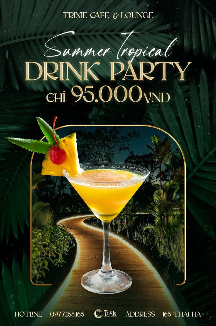 a flyer for a tropical drink party with a cocktail in the foreground and palm trees behind it