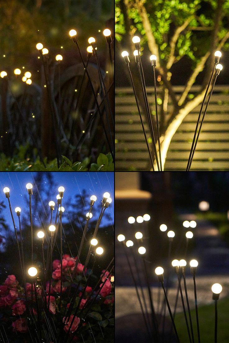 four different types of lights in the garden at night and on the lawn with flowers