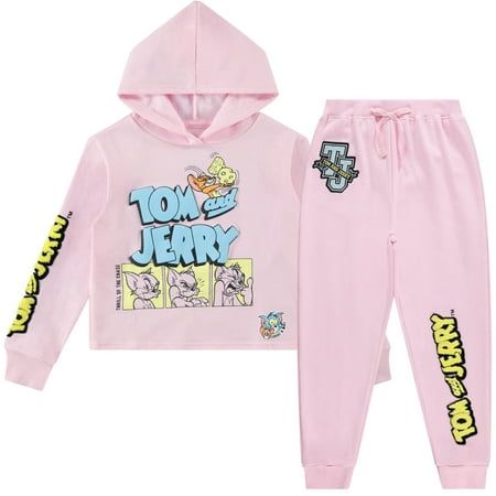 FAVORITE CHARACTERS Let your child represent Tom and Jerry in this adorable fashionable sporty athleisure Tom and Jerry Skimmer Pullover graphic hoodie & jogger sweatpants featuring Tom and Jerry. Fun Stylish Fashion Each Tom and Jerry girls outfit bundle comes with - Oversized Jumbo Pullover Tom and Jerry Hoodie with large Tom and Jerry artwork graphic screen printed on the front & sleeve. Tom and Jerry Jogger Sweatpants with semi-faux drawstring, large Tom and Jerry artwork graphic screen prin Casual Long Sleeve Activewear For Play, Pink Cotton Activewear With Graphic Print, Pink Sweatshirt For Loungewear, Pink Cotton Winter Activewear, Winter Pink Cotton Activewear, Sporty Hooded Hoodie For Playwear, Hooded Pink Cotton Activewear, Pink Cotton Activewear For Playwear, Casual Pink Sweatshirt For Playwear