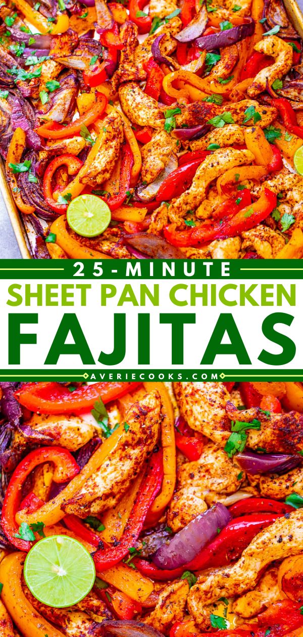 sheet pan chicken fajitas with limes and cilantro on the side