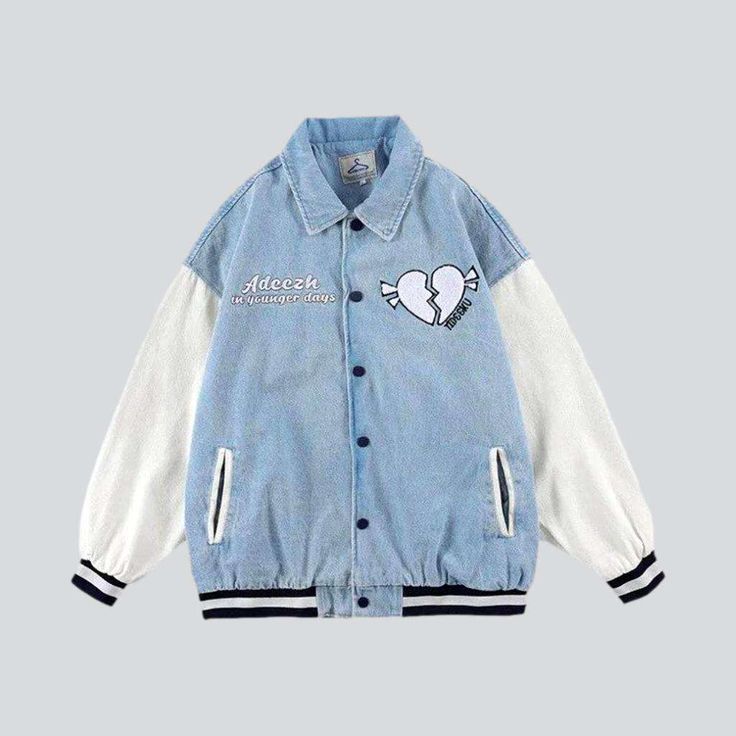 Elevate your edgy mode to the next level with our 2023 Spring-Summer Collection Broken Heart Embroidery Denim Jacket. This timelessly stylish piece features a classic bomber cut with beautiful embroidery and a buttoned front closure. Step out in confidence and make a bold statement no matter the occasion.Distinctive Features: Street Style: Look sharp and make a statement with this urban-style inspired piece. Bomber Silhouette: Take advantage of this timelessly fashionable style. perfect for any Spring College Outerwear With Patches, Casual Cotton Varsity Jacket With Button Closure, Trendy Embroidered Outerwear For Streetwear, Casual Varsity Jacket With Embroidered Patch, Trendy Blue Varsity Jacket With Letter Print, Spring Cotton Long Sleeve Varsity Jacket, Casual Cotton Varsity Jacket With Embroidered Graphics, Casual Embroidered Cotton Outerwear, Cotton Spring Outerwear For College