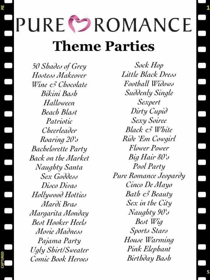 a movie strip with the names of films and words that read, pure romance theme parties