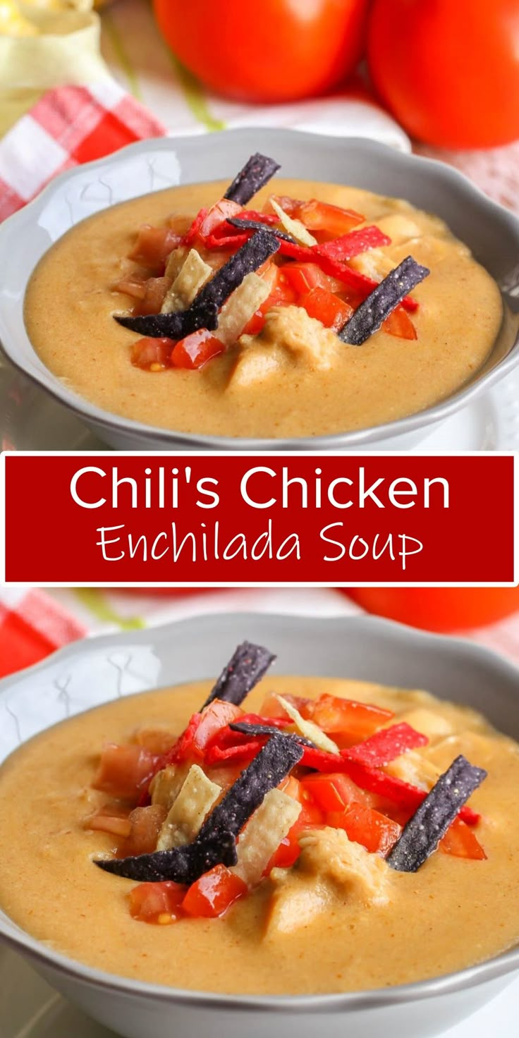 two bowls filled with chili chicken enchilada soup