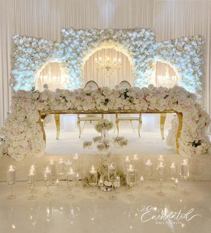 an elegant wedding setup with flowers and candles