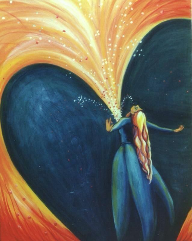 a painting of a woman holding a heart shaped object with fire coming out of it