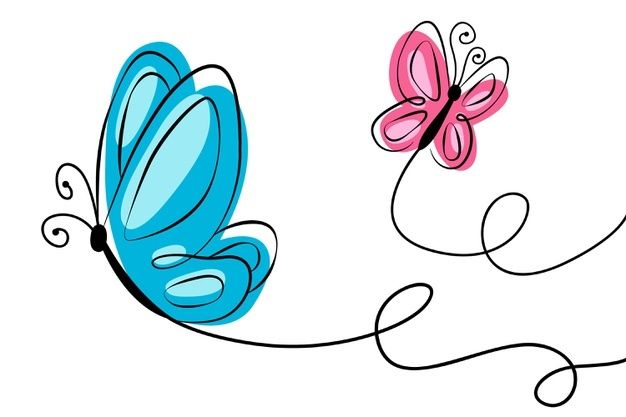 two butterflies flying next to each other on top of a white background with black lines