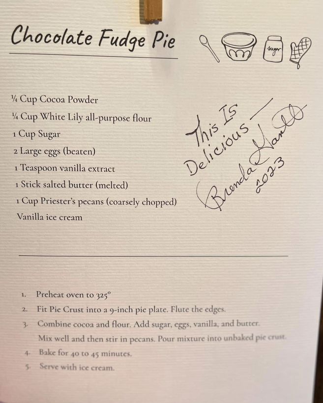 the recipe for chocolate fudge pie is shown on a piece of paper with writing