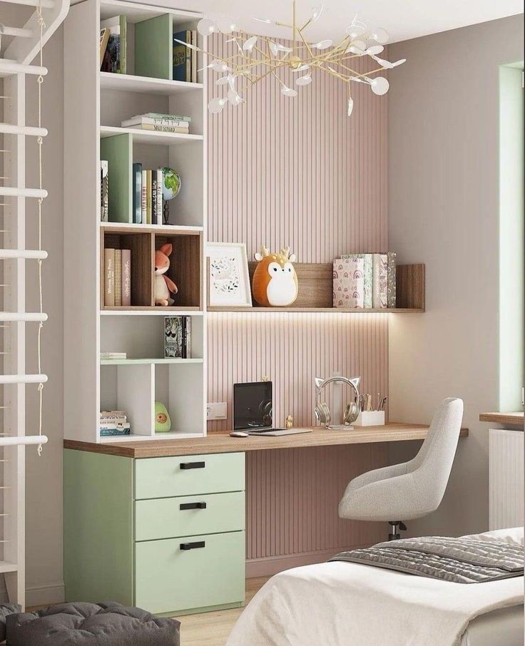 a bedroom with a bed, desk and shelves