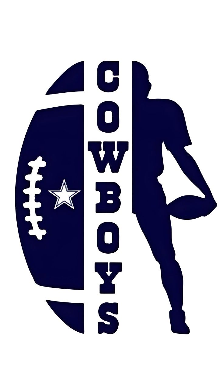 the cowboys logo is shown in black and white, with an image of a football player holding